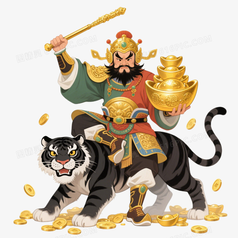 插画风骑着黑虎的赵公明形象免抠元素