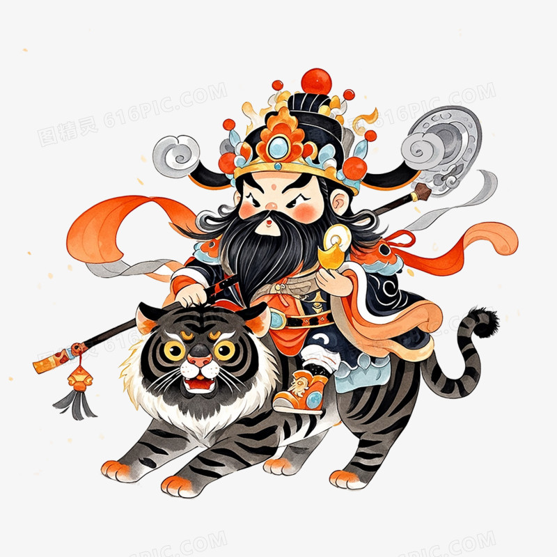 水彩插画黑虎玄坛赵元帥免抠元素
