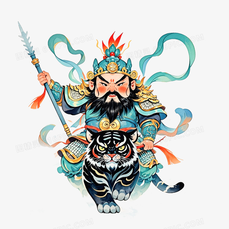水彩插画黑虎玄坛赵元帥免抠元素