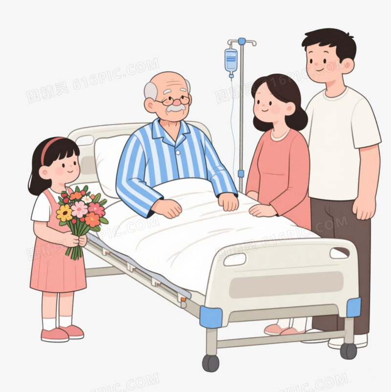卡通风一家三口探望躺在床上的老爷爷免抠元素
