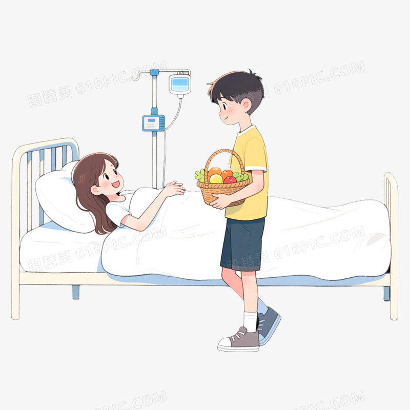 手绘插画探望病人场景免抠元素