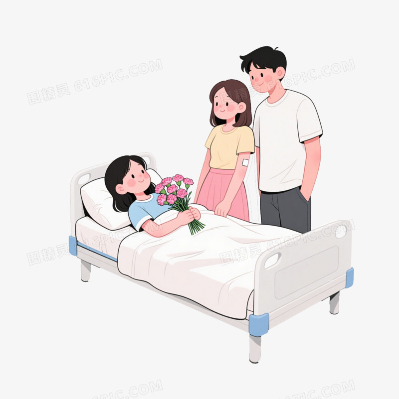 卡通风一对情侣探望躺在床上的女孩免抠元素