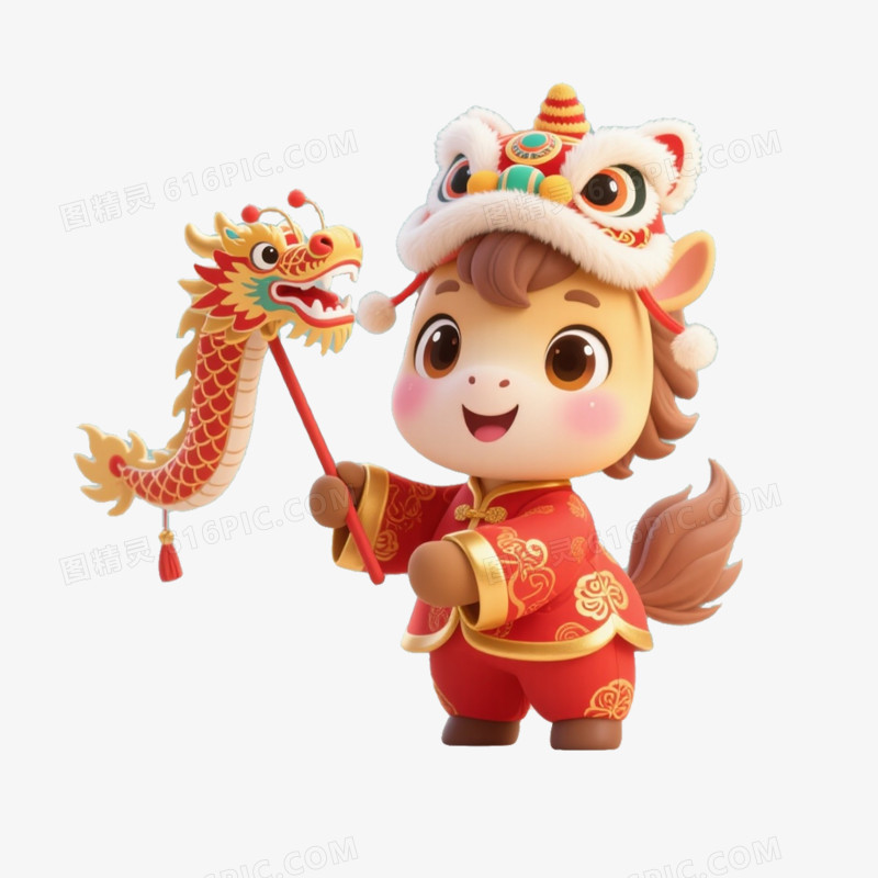 Q版可爱3D马年卡通马形象免扣元素之戴舞狮帽舞龙马