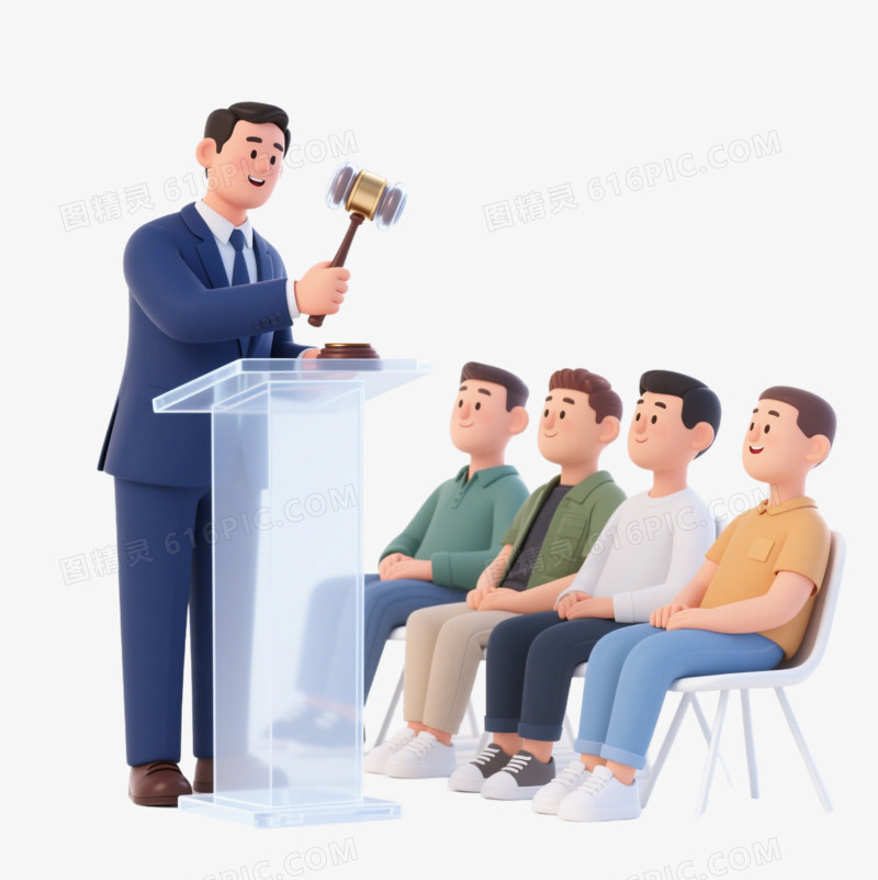 3D卡通穿蓝西服的男拍卖员举槌拍卖场景免抠元素