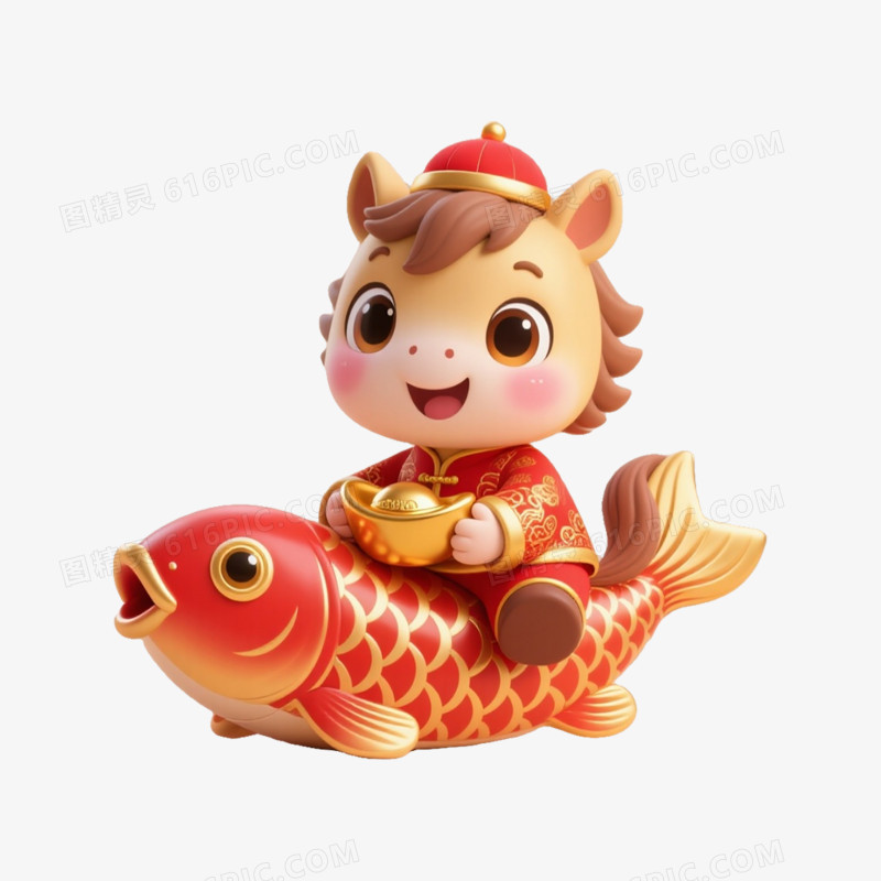 Q版可爱3D马年卡通马形象免扣元素之锦鲤金元宝马