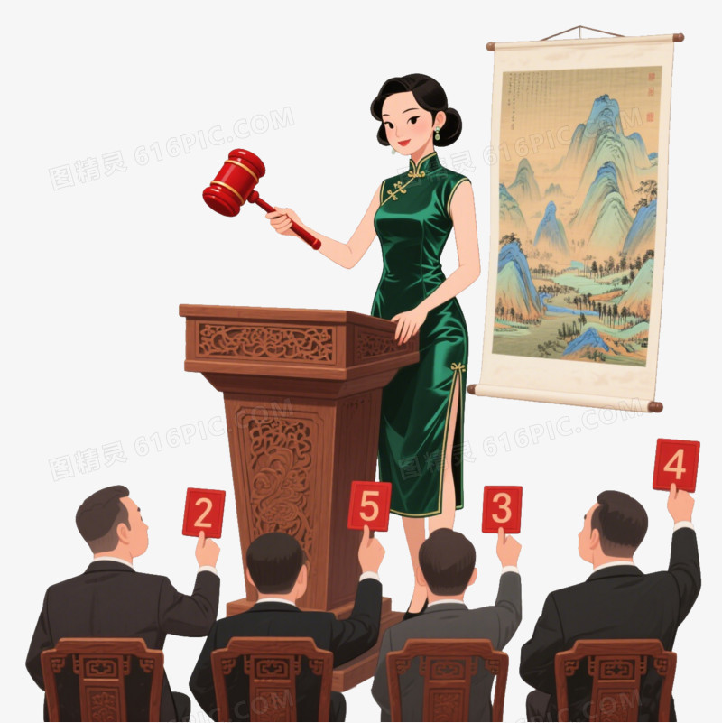 卡通穿旗袍的女拍卖员拍卖山水画免抠元素