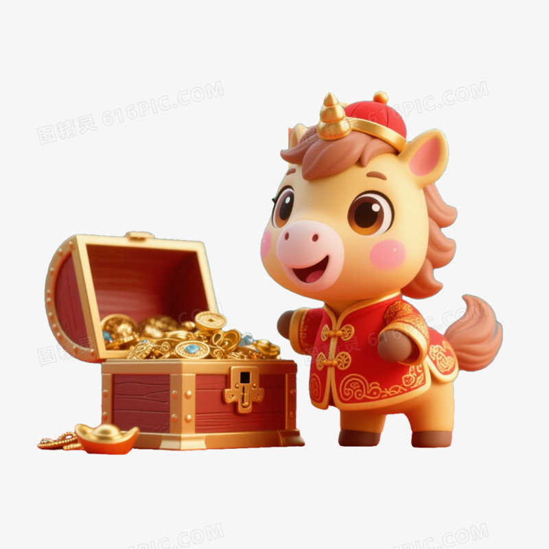 Q版可爱3D马年卡通马形象免扣元素之发现宝箱马