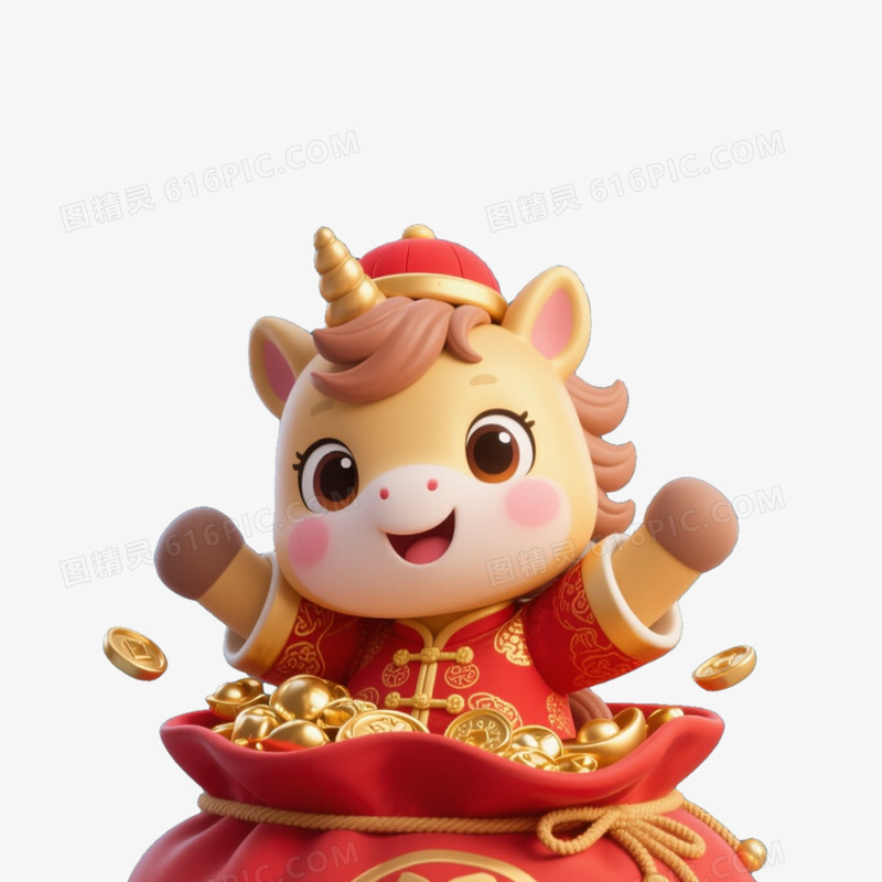 Q版可爱3D马年卡通马形象免扣元素之福袋钻出可爱马