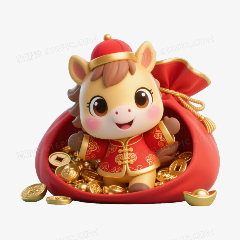 Q版可爱3D马年卡通马形象免扣元素之福袋走出可爱马