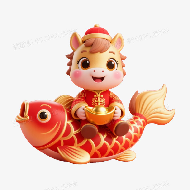 Q版可爱3D马年卡通马形象免扣元素之锦鲤上抱着金元宝马
