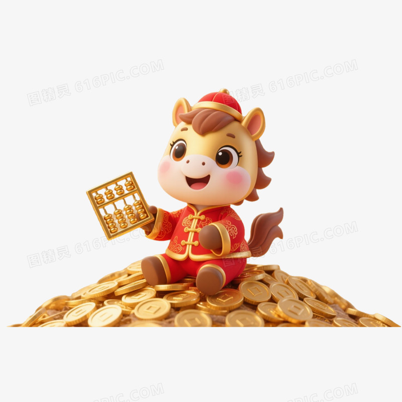 Q版可爱3D马年卡通马形象免扣元素之金币山金算盘马