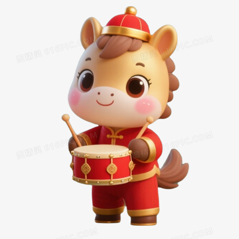 马年春节可爱小马拟人形象卡通马IP免扣元素打鼓马