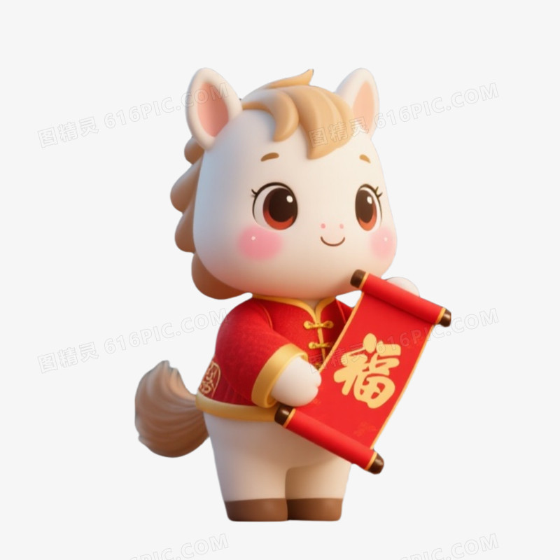 马年春节可爱白色小马拟人形象卡通马IP免扣元素拿着春联福字的小马