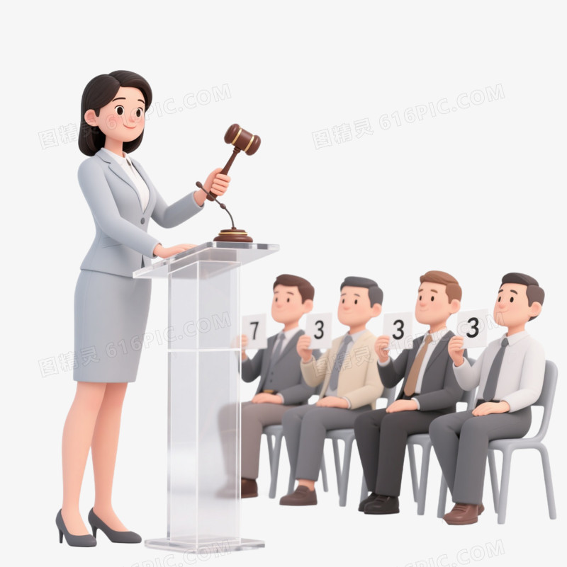 3D卡通穿蓝灰西服的女拍卖员举槌拍卖场景免抠元素