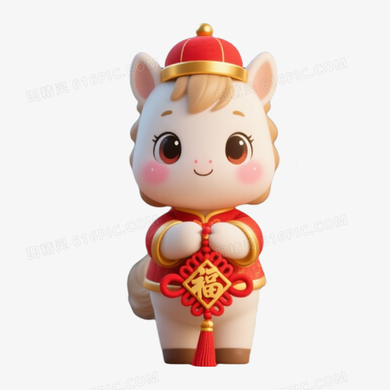 马年春节可爱白色小马拟人形象卡通马IP免扣元素拿中国结的小马