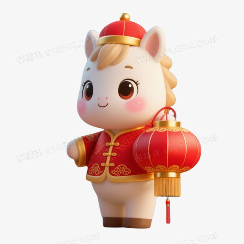 马年春节可爱白色小马拟人形象卡通马IP免扣元素拿着灯笼的小马
