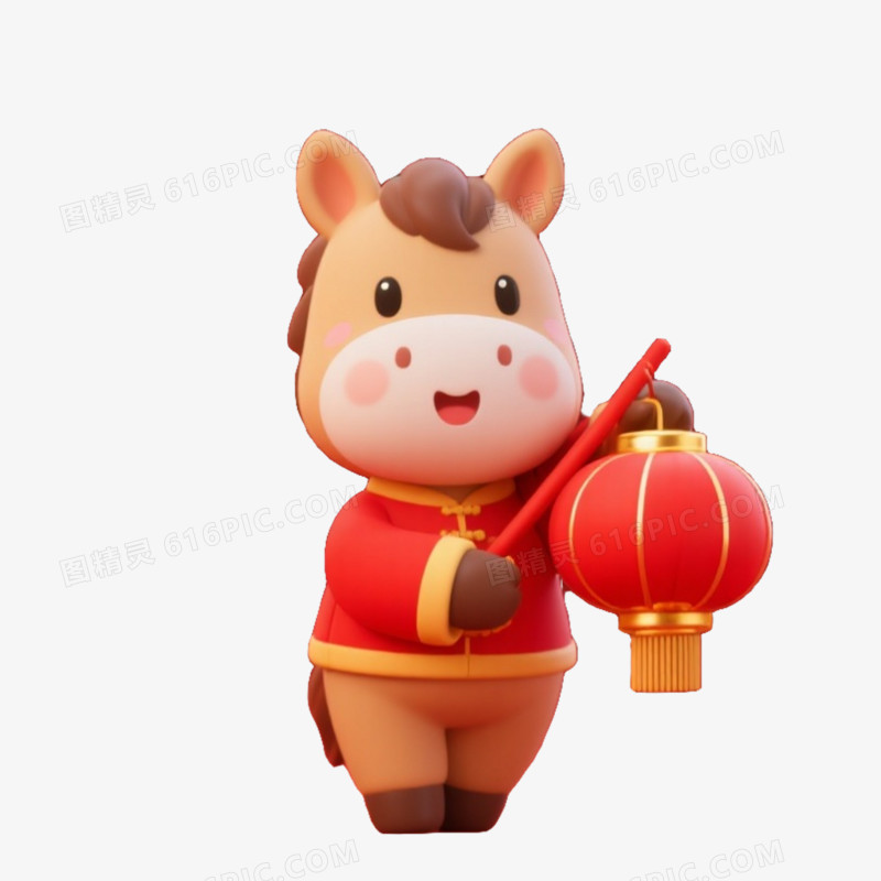 马年卡通马形象免扣元素拿着红灯笼的马