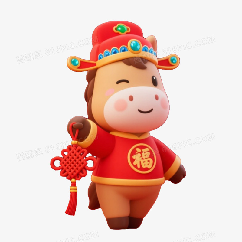 马年卡通马形象免扣元素拿着中国结的马