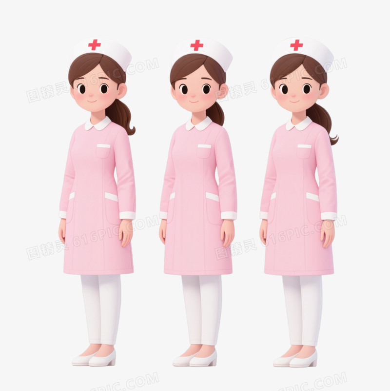 3D卡通三个穿粉色护士服的护士免抠元素