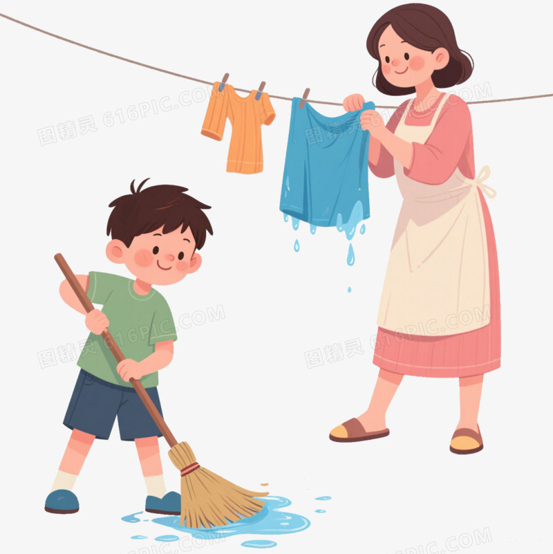 卡通妈妈晾衣服小男孩扫水免抠元素