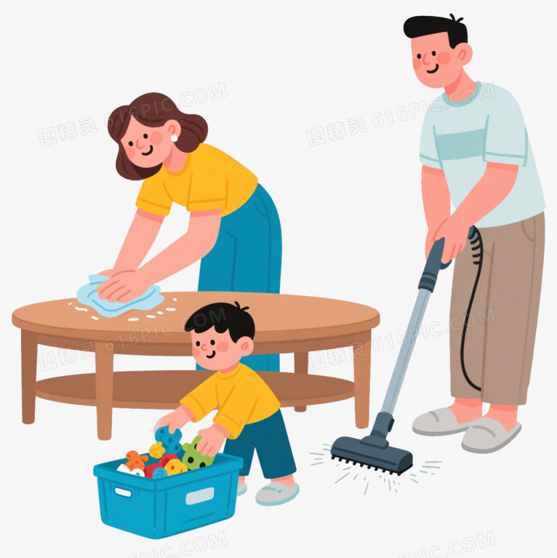 卡通妈妈擦桌子小男孩收玩具爸爸清洁地面免抠元素