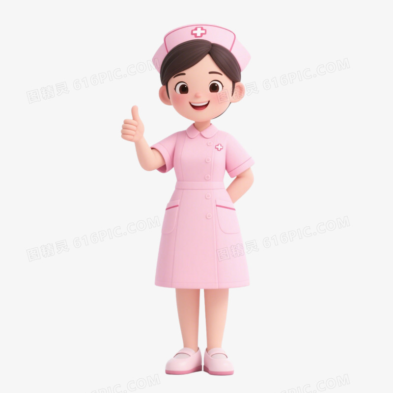 3D卡通点赞穿粉色护士服的护士免抠元素