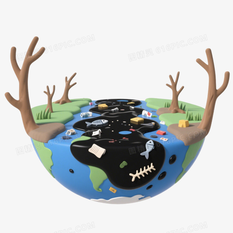 卡通半个地球上是干枯的树木和废水免抠元素