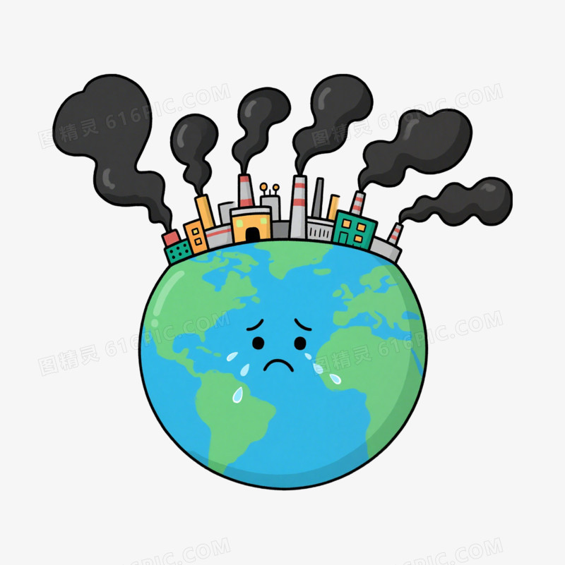 卡通哭泣的地球头顶是烟囱排放废气免抠元素
