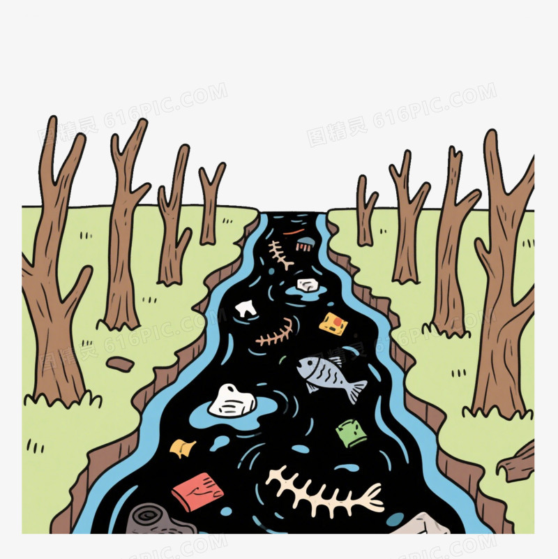 卡通污染的河水和干枯的树木免抠元素