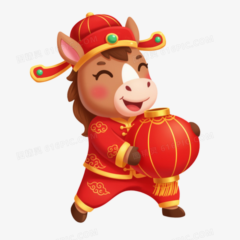 卡通手绘新年抱着灯笼的马免抠元素