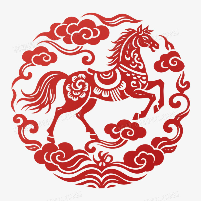 卡通手绘新年剪纸风小马免抠元素