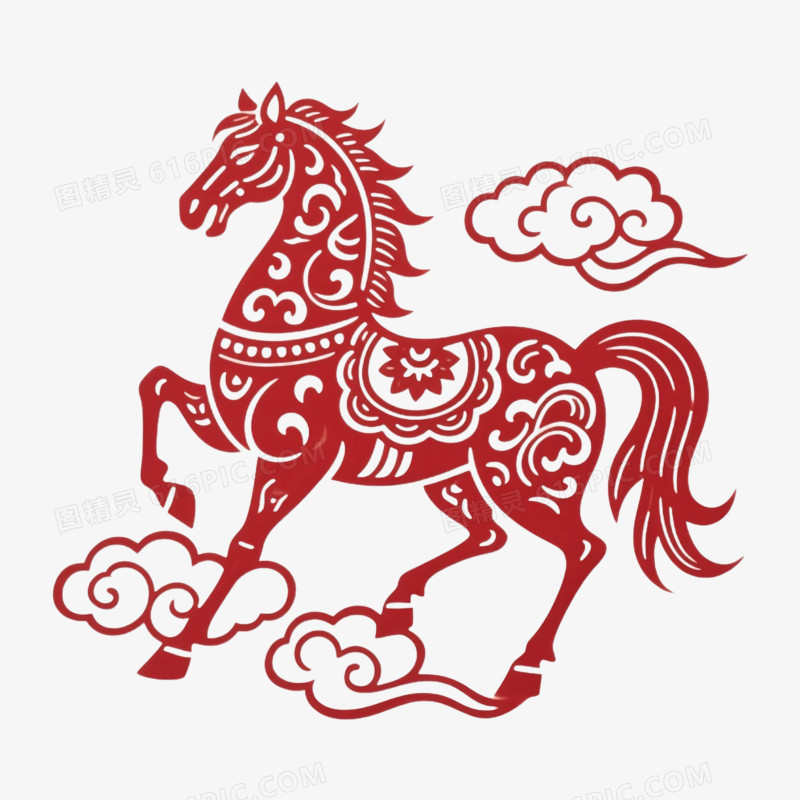 卡通手绘新年剪纸风小马免抠元素