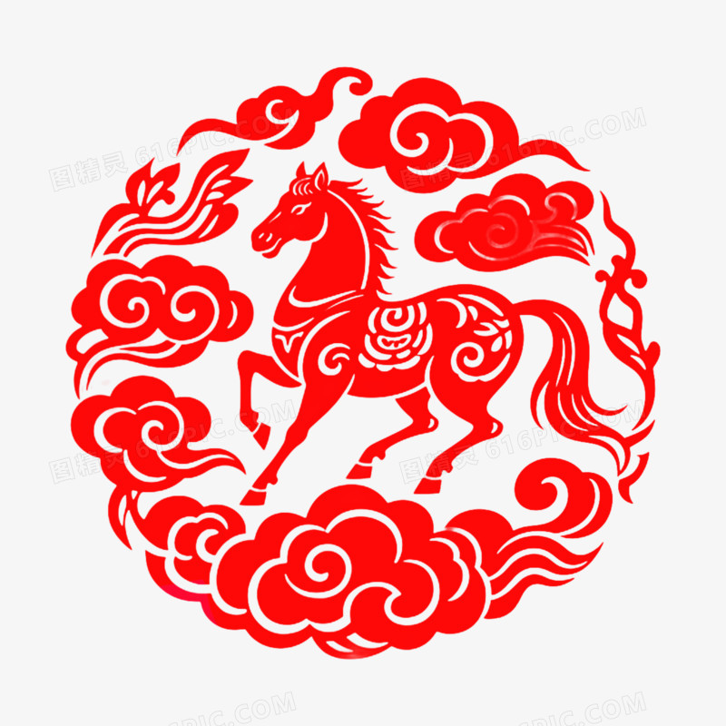 卡通手绘新年剪纸风小马免抠元素