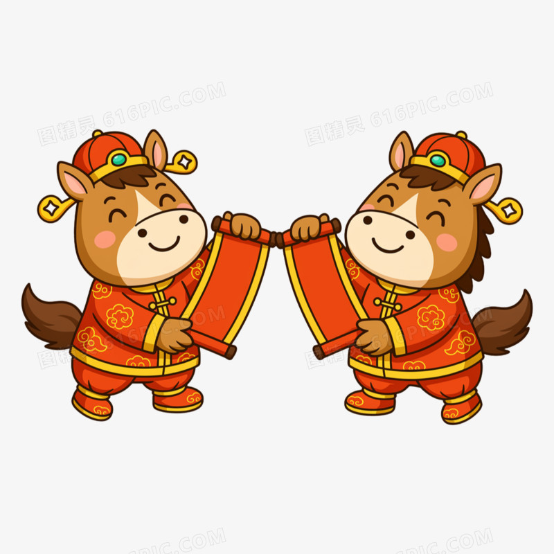 卡通手绘一对小马拿着对联免抠元素