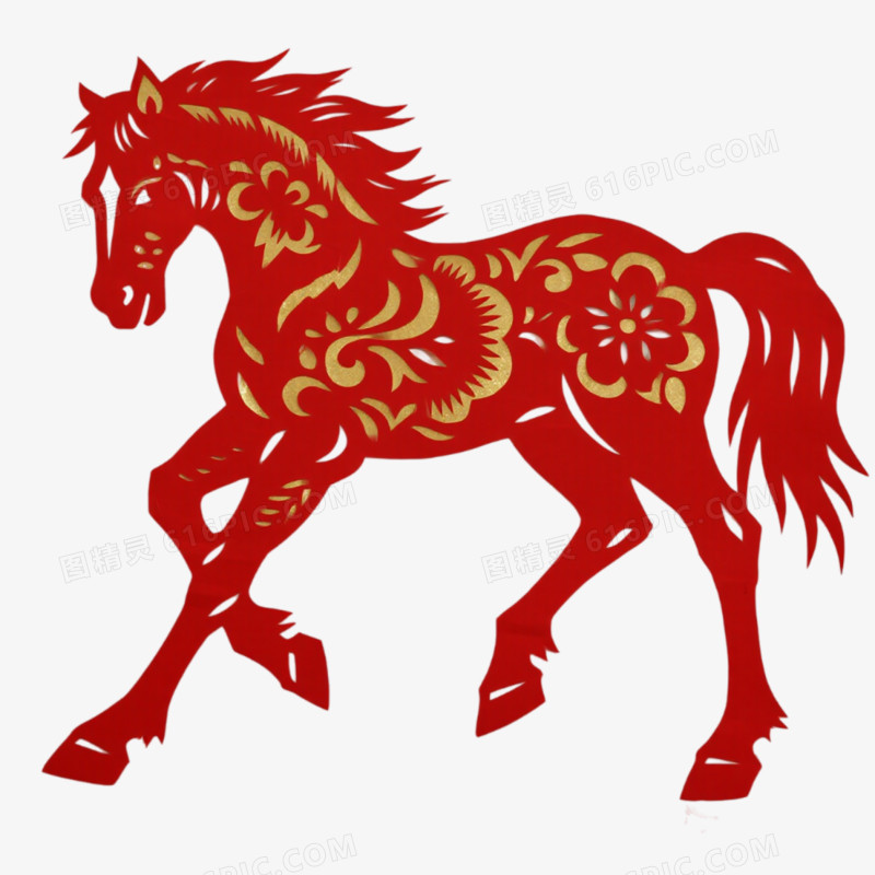 马年剪纸风形象免抠元素
