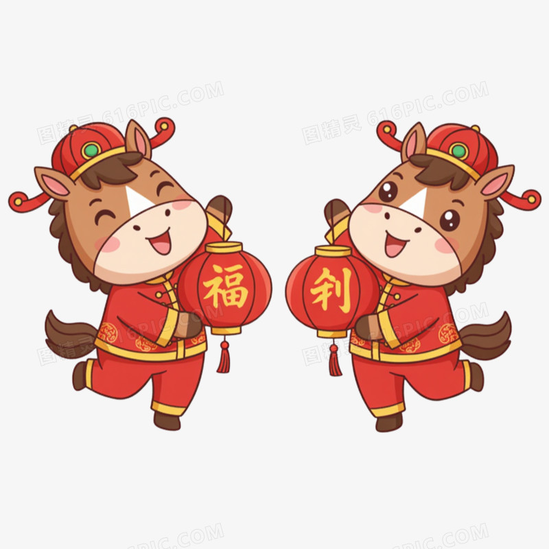 卡通手绘一对小马拿着灯笼免抠元素