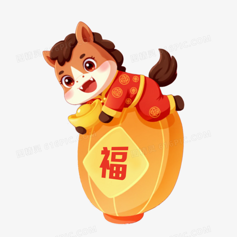 卡通手绘新年抱着灯笼的卡通小马免抠元素