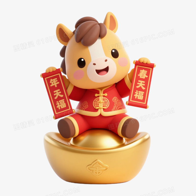 3D建模风格骑着金元宝的小马免抠元素