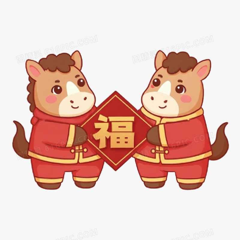 卡通手绘一对小马拿着福字免抠元素
