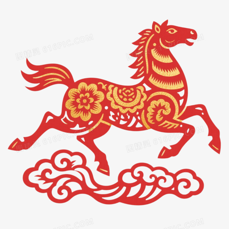 马年剪纸风形象免抠元素