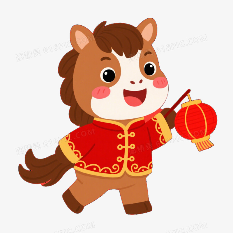 中国马年拿着灯笼的小马IP形象免扣元素