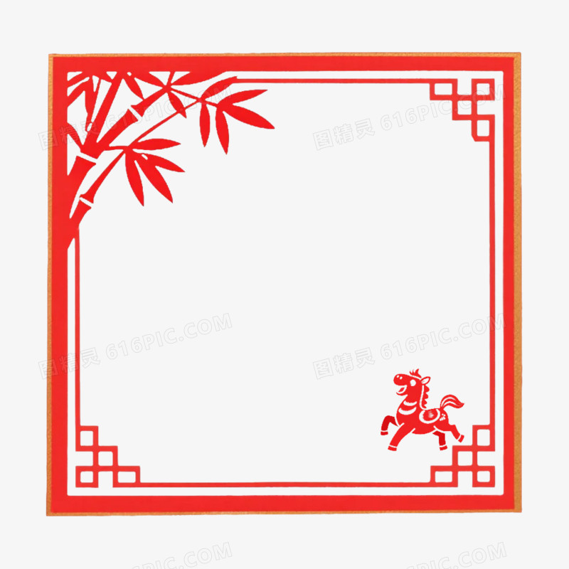 红色剪纸风中式马年新年边框免抠元素