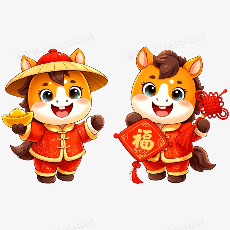 手绘插画创意马年IP形象一对免抠元素