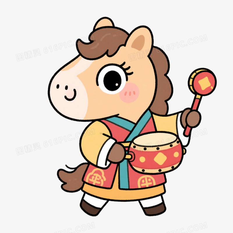 敲锣打鼓马年IP形象免抠元素