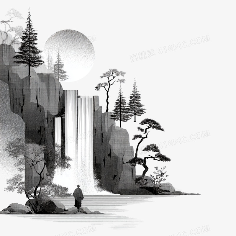 卡通手绘禅意山水免抠元素