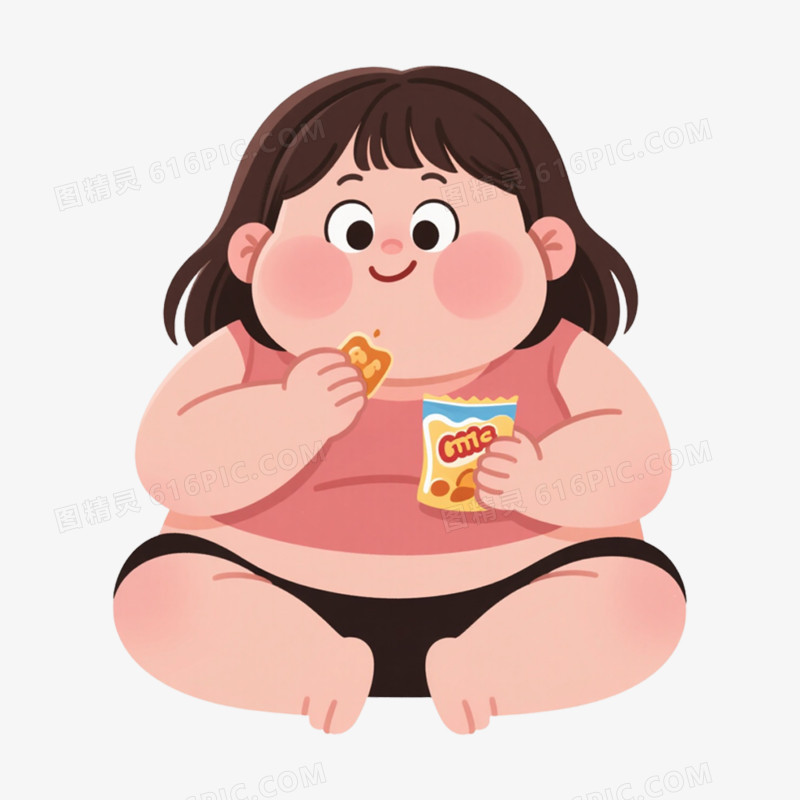 肥胖人物吃零食手绘卡通元素