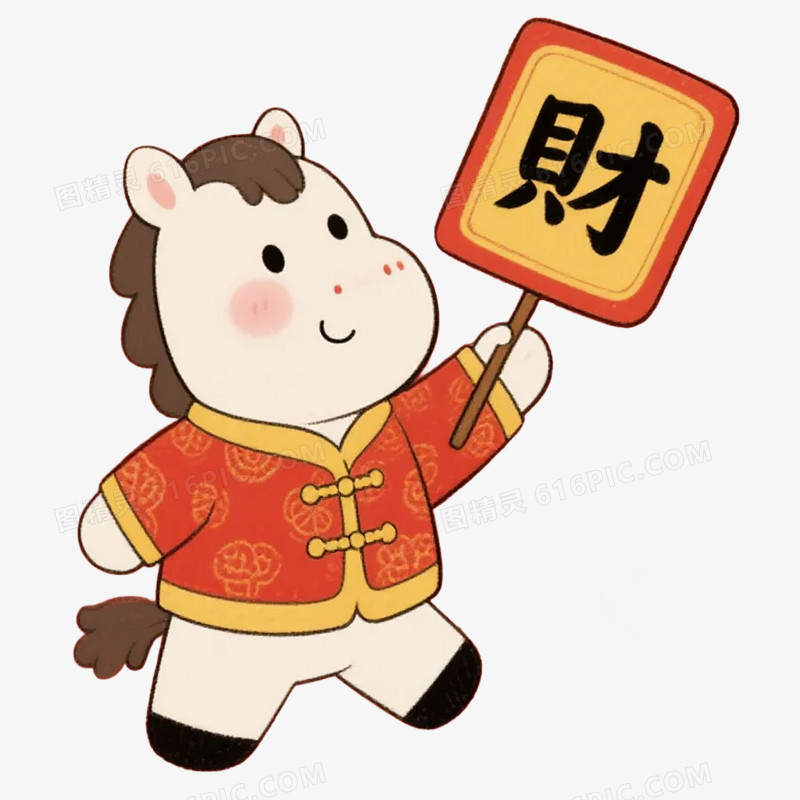 卡通手绘中国马年IP形象拿着财字的马免抠元素