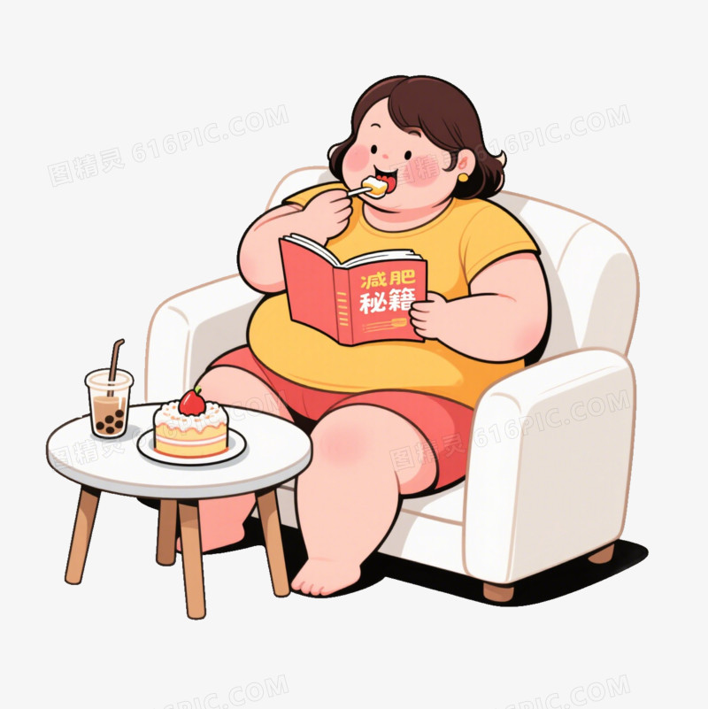 卡通一个胖女孩边吃奶茶蛋糕边看减肥秘籍免抠元素
