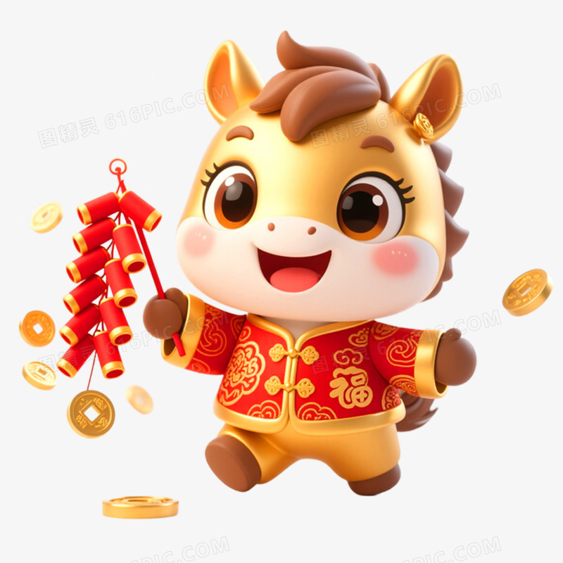 3D立体金色喜庆马年IP形象免抠元素