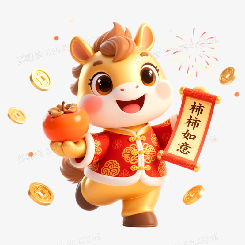 3D立体金色马年形象IP免抠元素